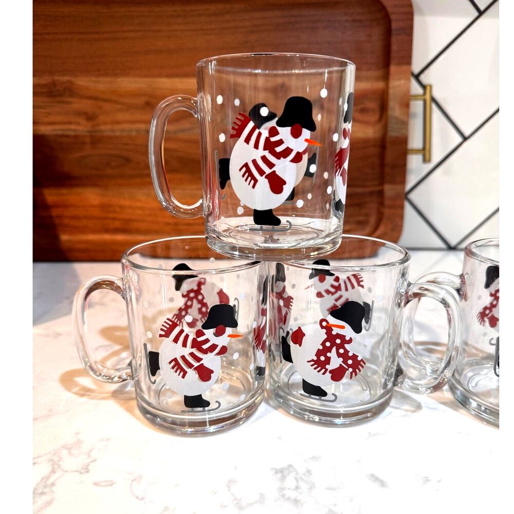 Crate & Barrel glass coffee hot cocoa mug skating snowman scarf hat Christmas x5